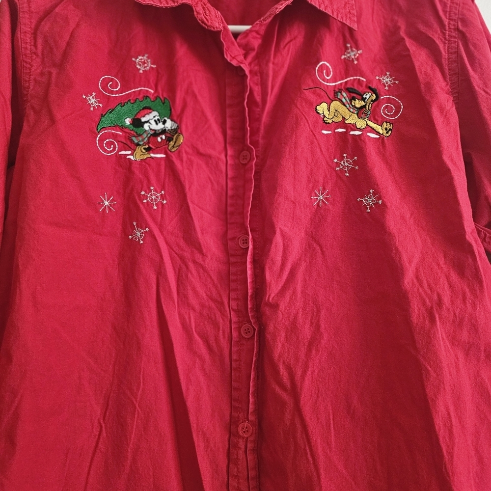 Vintage Disney Mickey & Pluto Christmas Red Long Sleeve Button Up Blouse Medium - Picture 6 of 6